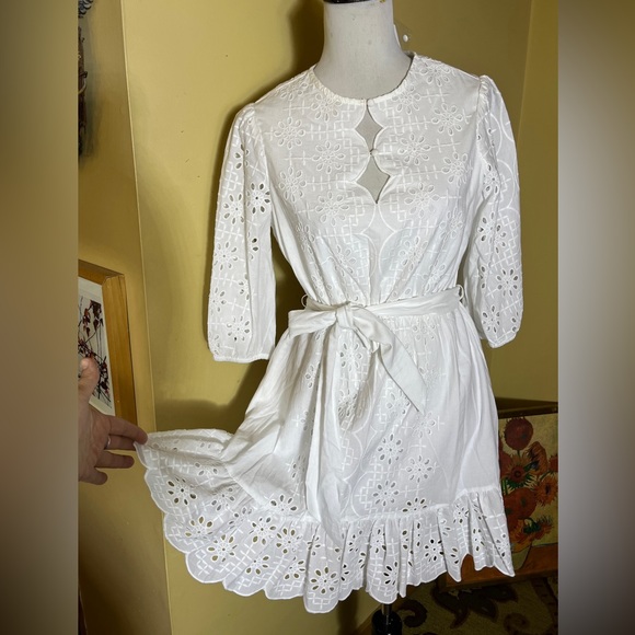 J CREW Size Small White Eyelet Dress Tie Waist Scalloped Edges Ethereal $148 NWT - Picture 3 of 16